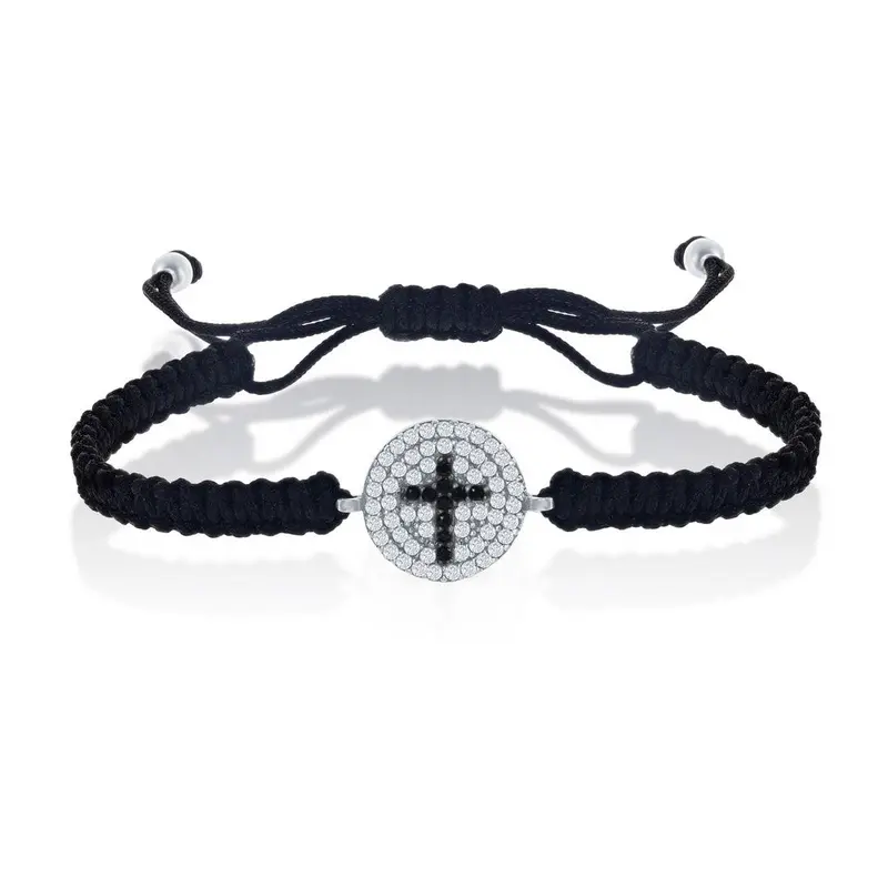 Sterling Silver CZ Disc w/Black CZ Cross on Black Macrame Bracelet