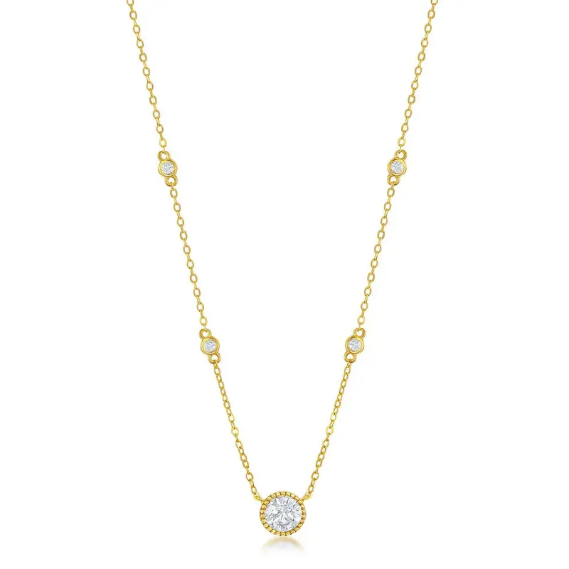 Sterling Silver Round CZ Station Necklace - Gold Plated
