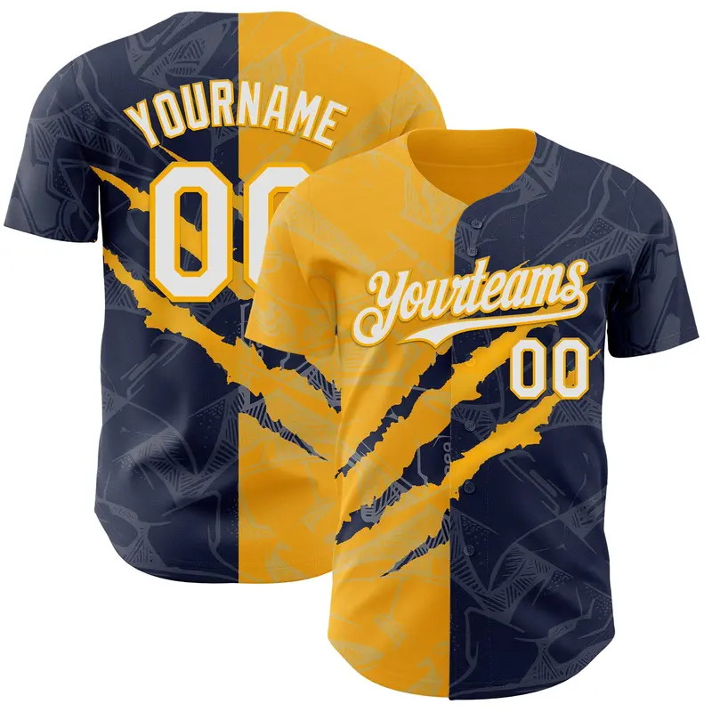 Custom Graffiti Pattern White Navy-Gold 3D Scratch Authentic Baseball Jersey