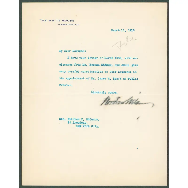 Woodrow Wilson Signed 7x8.8 1913 Letter On White House Letterhead BAS #AB14531
