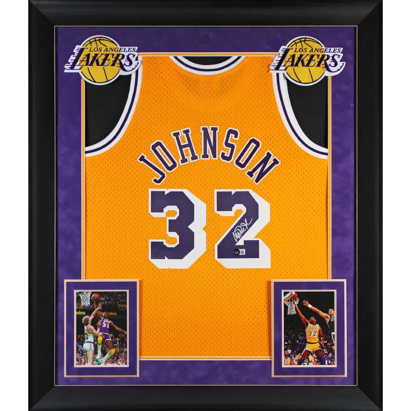 Lakers Magic Johnson Signed 1984-85 M&N HWC Swingman Yellow Framed Jersey BAS W