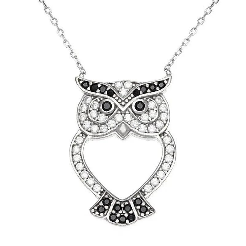 Sterling Silver CZ Open Owl Necklace - Rhodium Plated