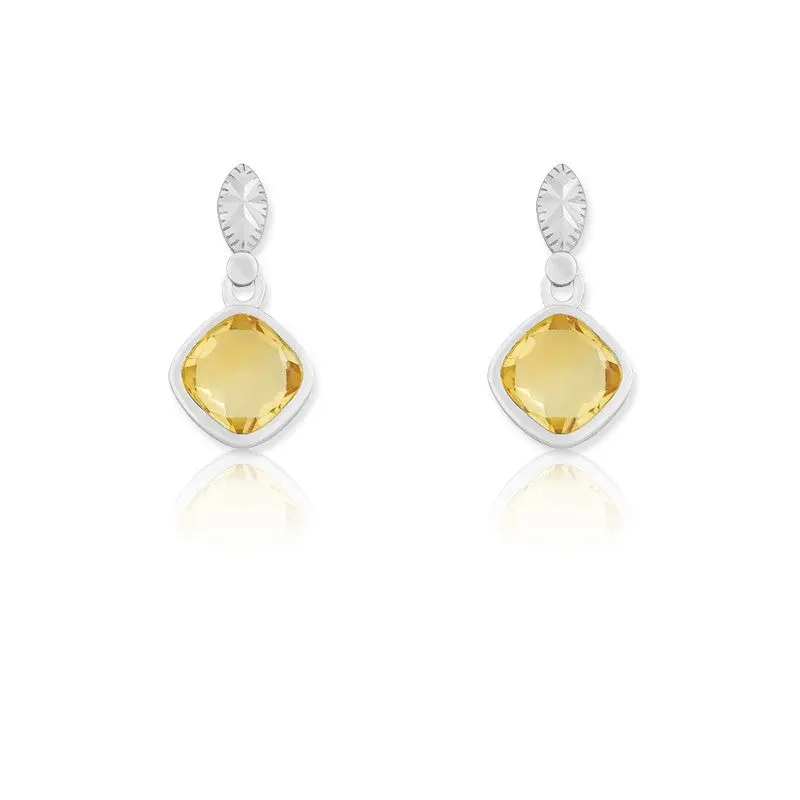 Sterling Silver Square Gemstone Earrings - Citrine