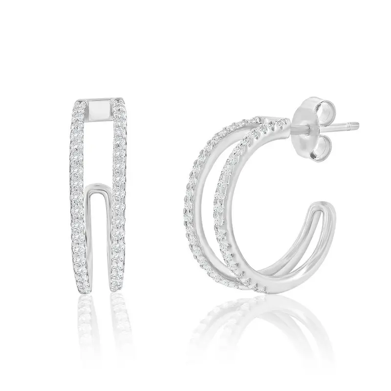 Sterling Silver, Double Row CZ Earrings