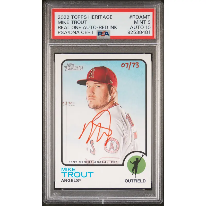 Mike Trout 2022 Topps Heritage Real One Red Ink Auto #7/73 PSA 9 Auto 10