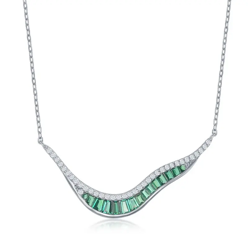 Sterling Silver 'V' Shape Baguette Necklace - Green CZ