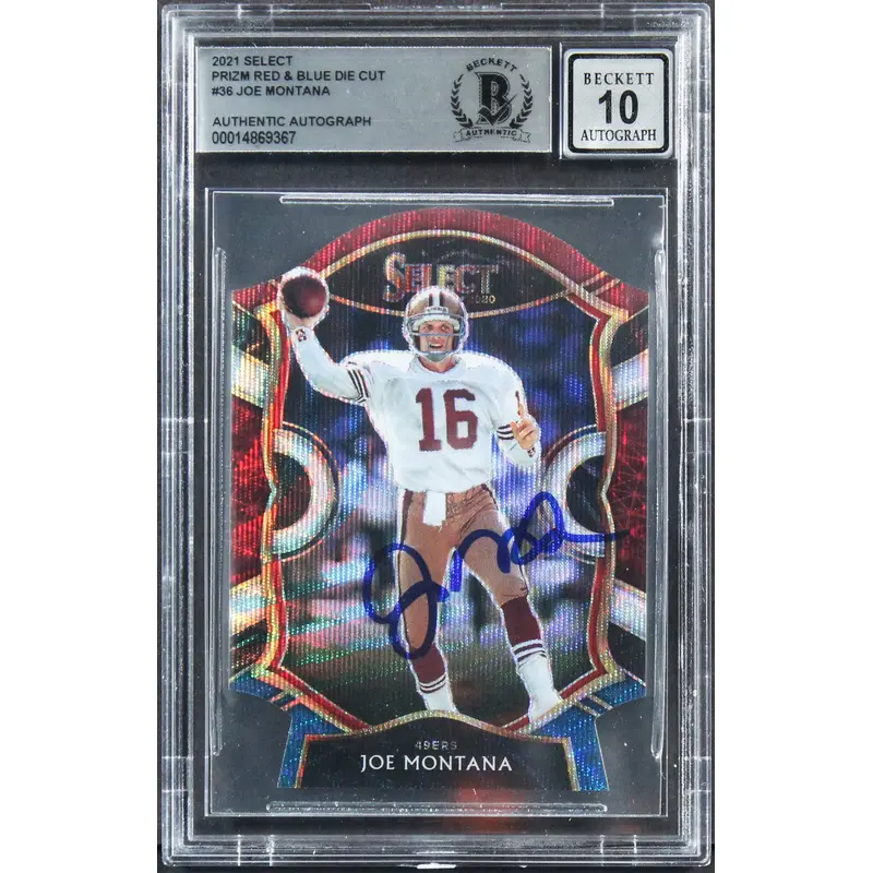 49ers Joe Montana Signed 2021 Select Prizm R&B Die Cut #36 Card Auto 10 BAS Slab