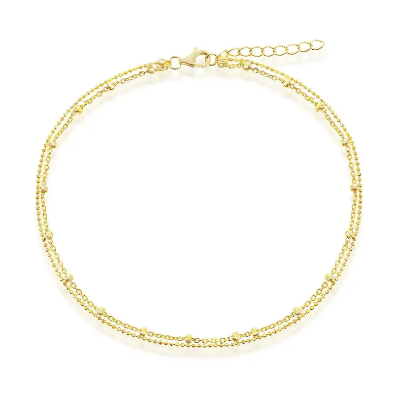 Sterling Silver, Double Strand Beaded Anklet - Gold Plated