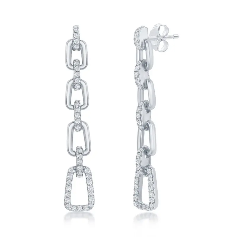 Sterling Silver, Paperclip CZ Long Earrings