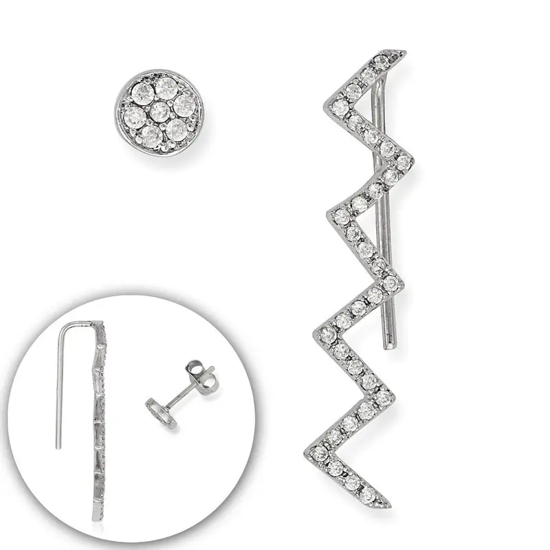 Sterling Silver Zig Zag CZ Climber and One Stud Earrings