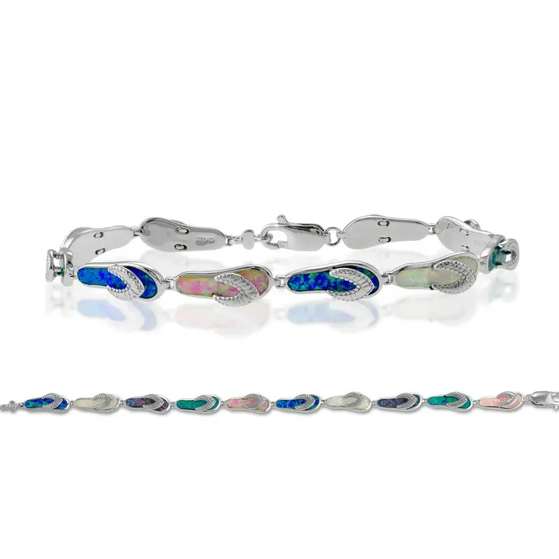 Sterling Silver Multi-Colored Inlay Opal Flip-Flops Linked Bracelet