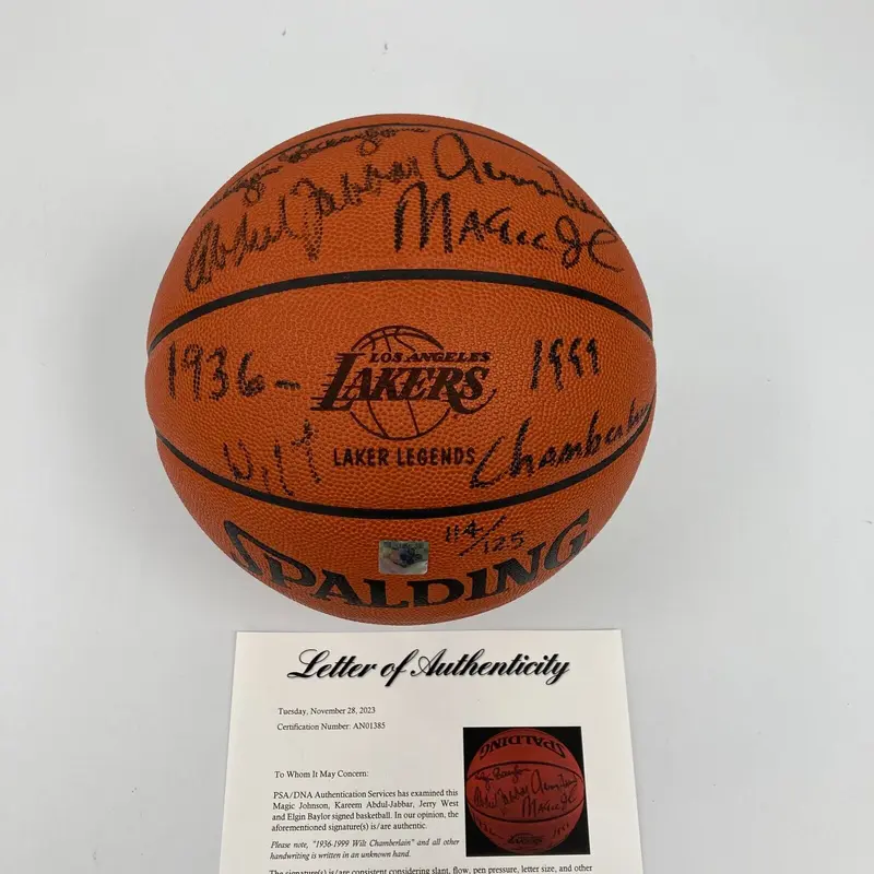 Magic Johnson Kareem Abdul-Jabbar Lakers HOF Legends Signed  Basketball PSA DNA