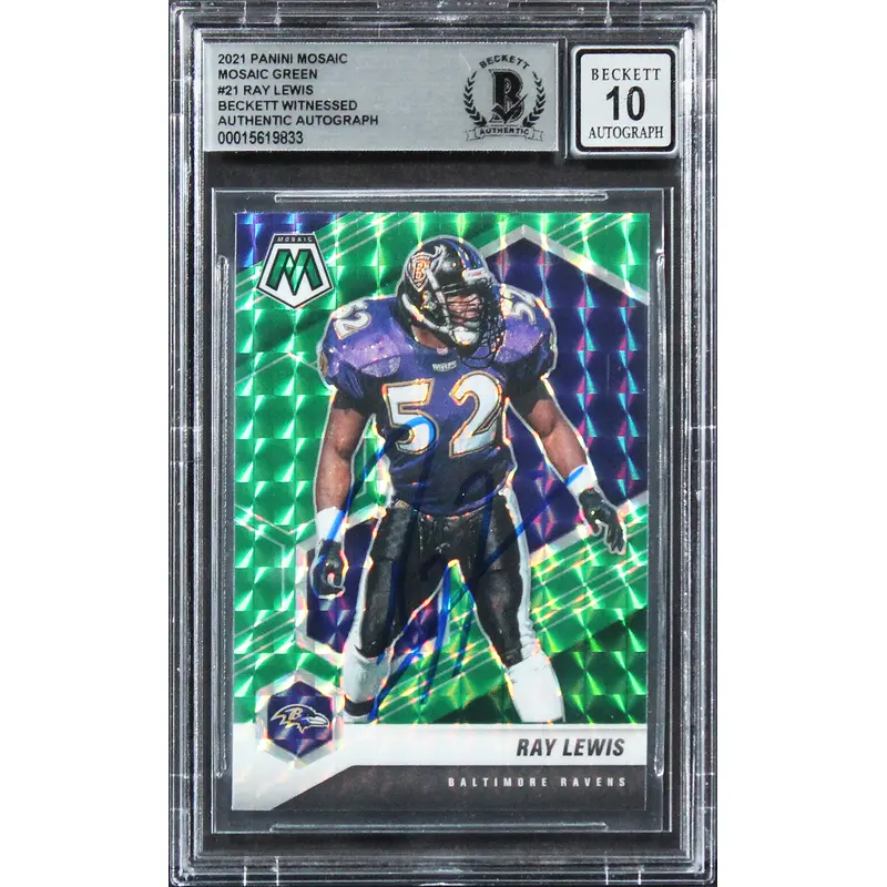 Ravens Ray Lewis Signed 2021 Panini Mosaic Green #21 Card Auto 10! BAS Slabbed