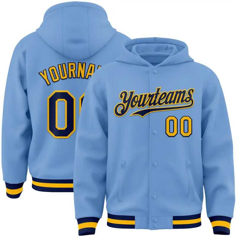 Custom Light Blue Navy-Gold Bomber Full-Snap Varsity Letterman Hoodie Jacket
