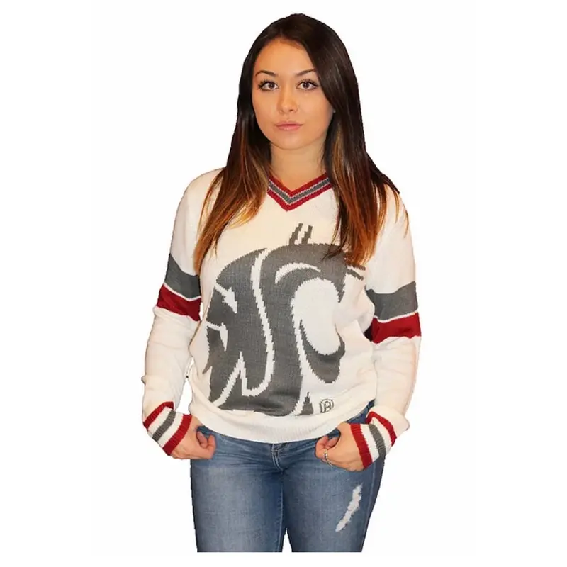 WSU White with Gray Logo and Striped Collar Tribute V-Neck Sweater (UNISEX SIZING)