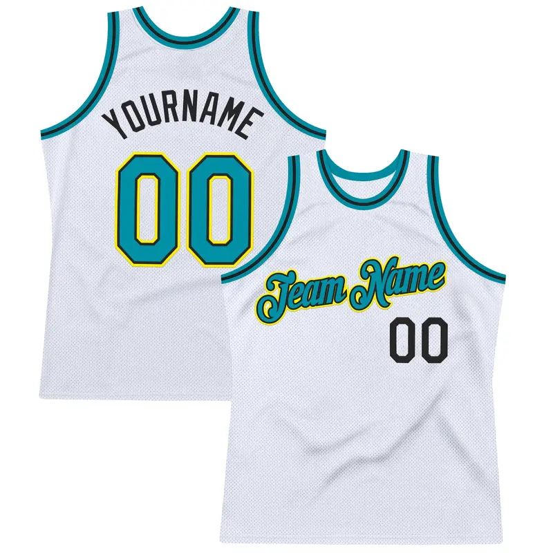 Custom White Teal Black-Light Yellow Authentic Throwback Basketball Jersey