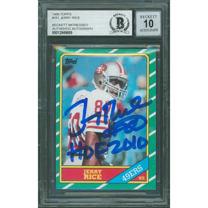 49ers Jerry Rice "HOF 2010" Signed 1986 Topps #161 RC Card Auto 10 BAS Slabbed