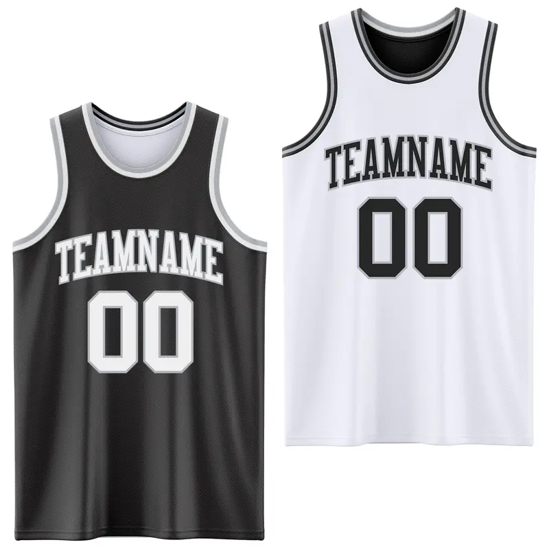 Custom Reversible Black White-Gray Double Side Sublimation Basketball Suit Jersey
