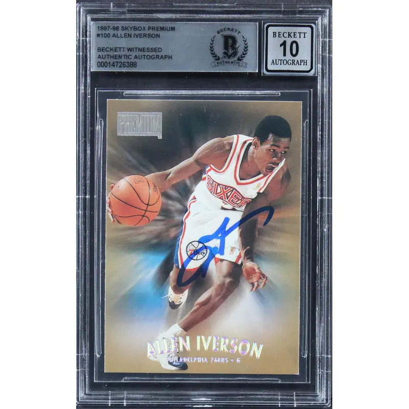 76ers Allen Iverson Signed 1997 Skybox Premium #100 Card Auto 10! BAS Slabbed