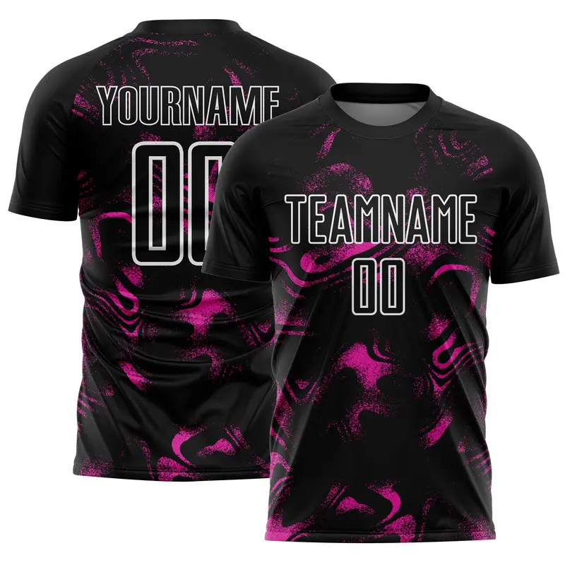 Custom Black Deep Pink-White Abstract Liquid Sublimation Soccer Uniform Jersey