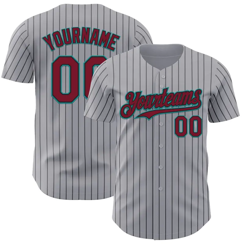 Custom Gray Black Pinstripe Crimson-Teal Authentic Baseball Jersey
