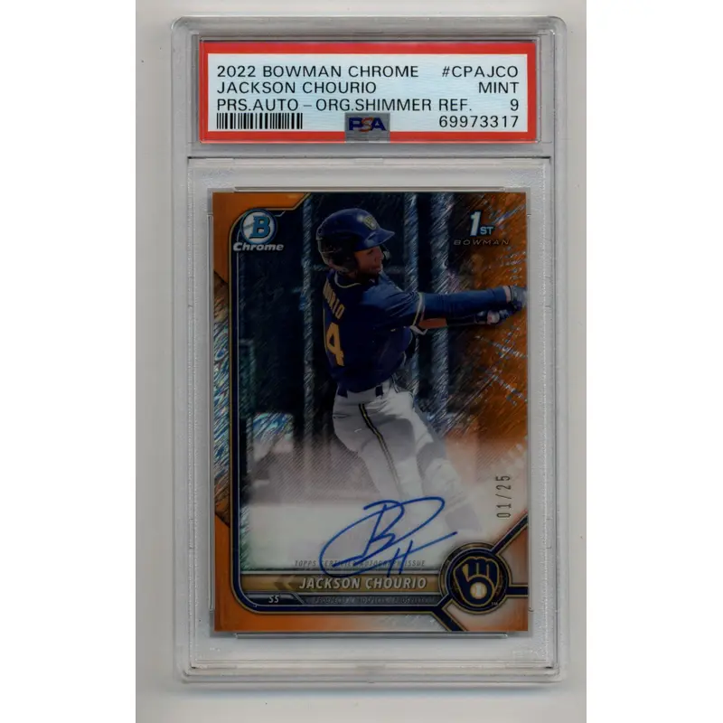 Jackson Chourio 2022 Bowman Chrome Orange Shimmer Auto 01/25 PSA 9 Mint