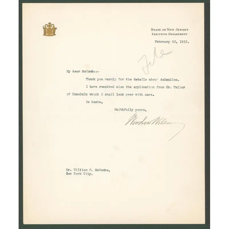 Woodrow Wilson Authentic Signed 8x9.65 Letter February 25, 1913 BAS #AB14549