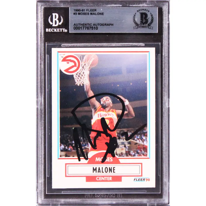 Hawks Moses Malone Authentic Signed 1990 Fleer #3 Card Autographed BAS Slabbed