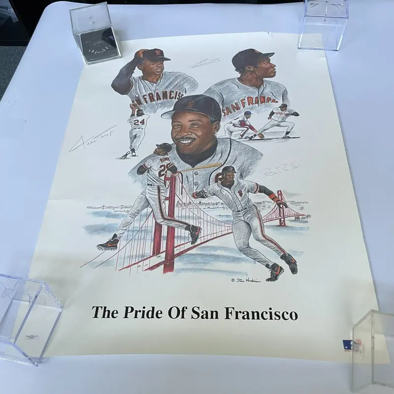Willie Mays Barry Bonds & Bobby Bonds Signed Large 20x28 Litho Photo JSA
