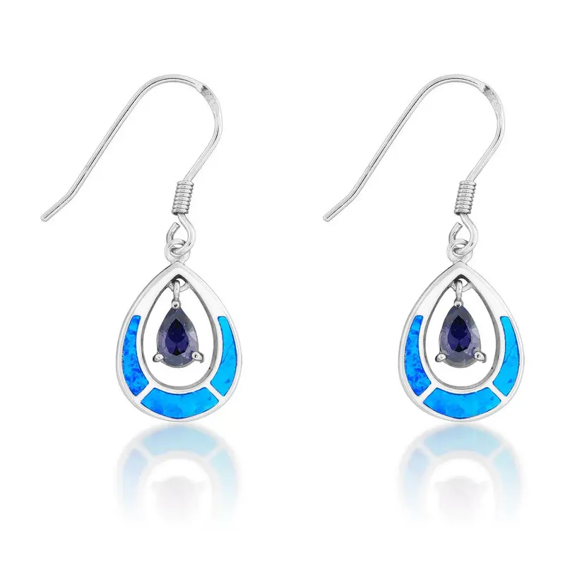 Sterling Silver Blue Inlay Opal Open Oval w/Blue Teardrop CZ Earrings
