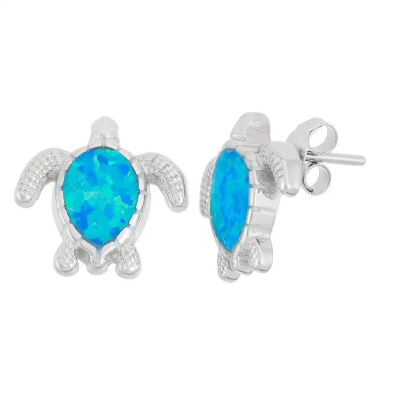 Sterling Silver, Blue Inlay Opal Turtle Earrings