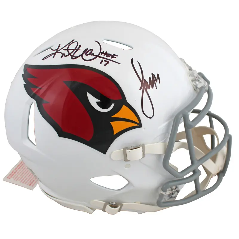 Cardinals Kurt Warner & Larry Fitzgerald Signed F/S Speed Proline Helmet BAS Wit