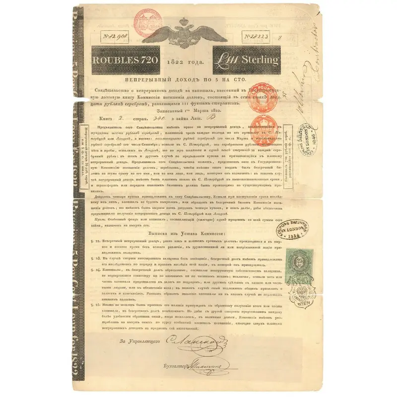 Nathan Mayer Rothschild Signed 1822 Russian Imperial Bond Beckett COA