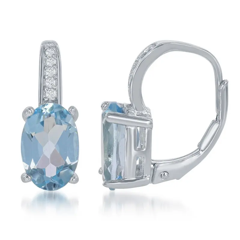 Sterling Silver, White Topaz Gem Earrings - Blue Topaz