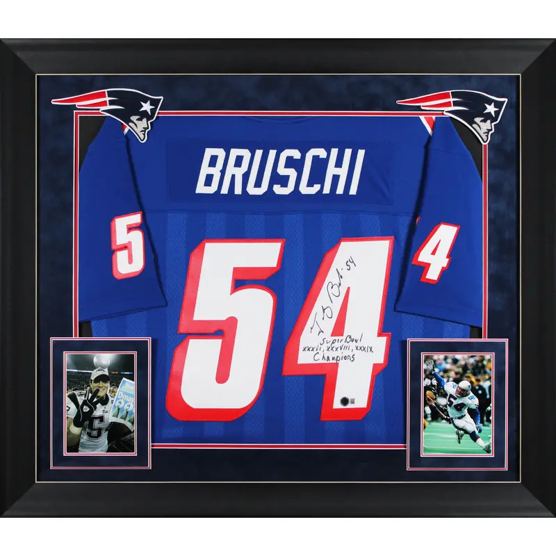 Patriots Tedy Bruschi "SB Champions" Signed Navy M&N TB Framed Jersey BAS Wit