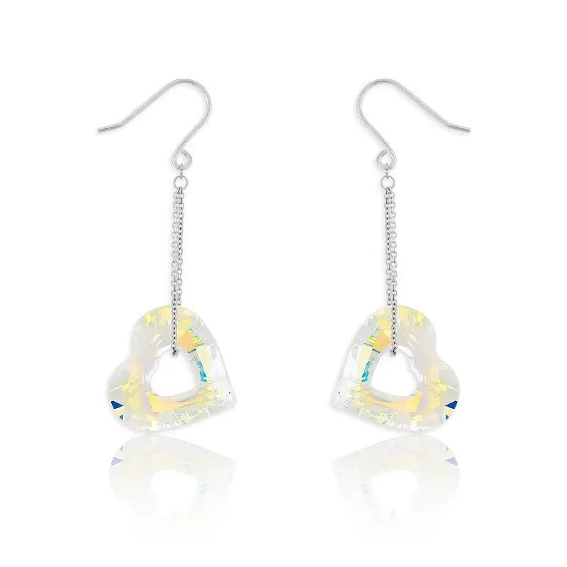 Sterling Silver AB Open Heart Swarovski Crystal Dangling Earrings