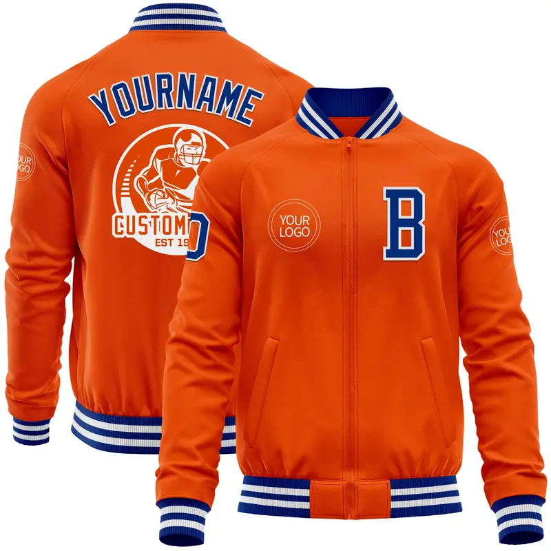 Custom Orange Royal-White Bomber Varsity Letterman Zipper Jacket