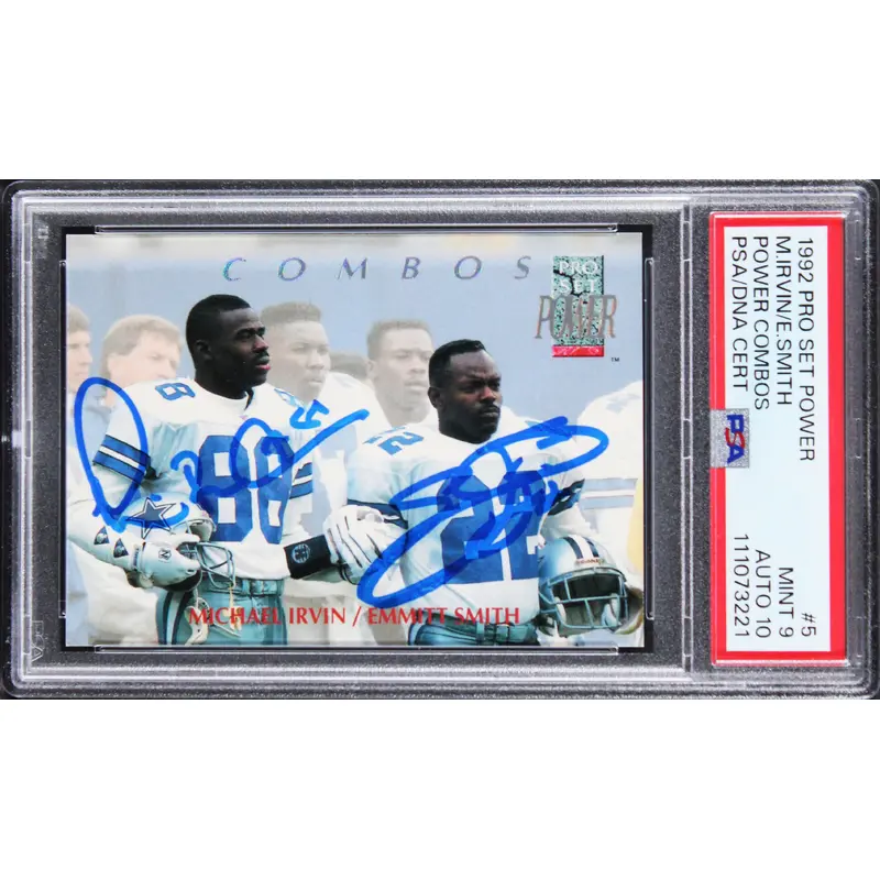 Emmitt Smith & Michael Irvin Signed 1992 Pro Set #5 PC Card 9! Auto 10! PSA Slab