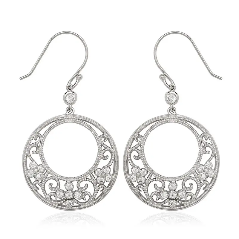 Sterling Silver Round Fancy Design with CZ Earrings
