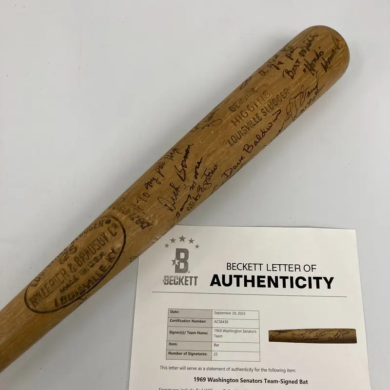 Ted WIlliams 1969 Washington Senators Team Signed Game Used Baseball Bat Beckett