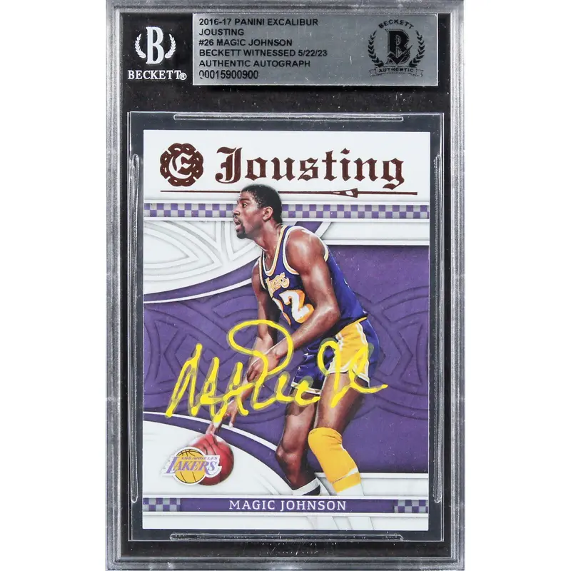 Lakers Magic Johnson Signed 2016 Panini Excalibur Jousting #26 Card BAS Slabbed