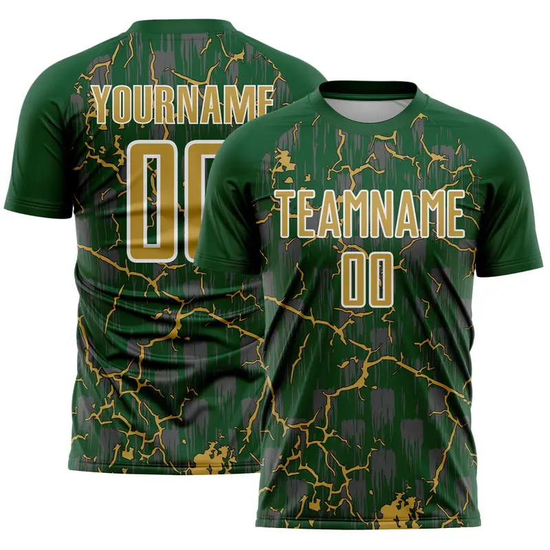 Custom Green Old Gold-White Lightning Sublimation Soccer Uniform Jersey