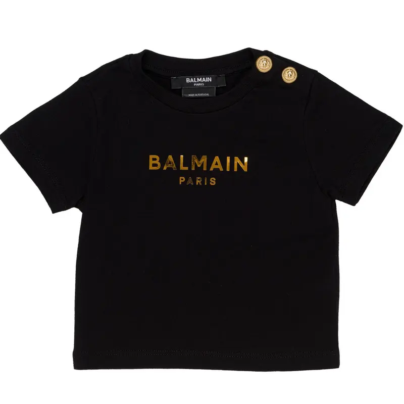 BALMAIN T SHIRT BABY SS GOLD LOGO TEE W BUTTONS BT8561 930OR