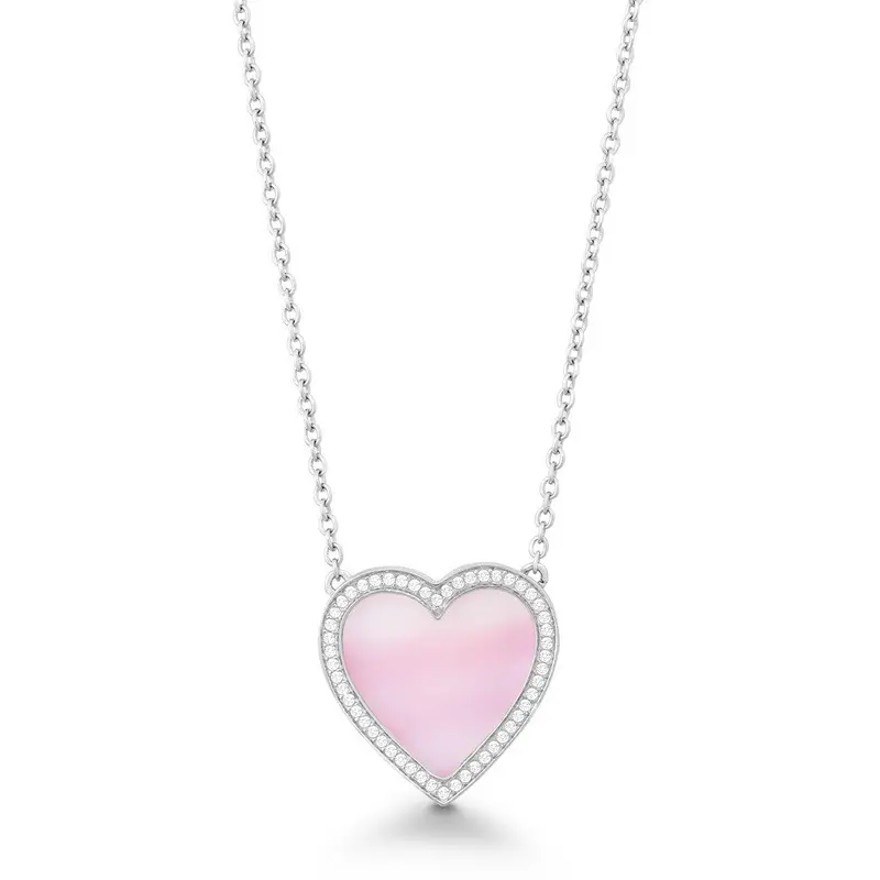 Sterling Silver  CZ Outline Heart with Pink MOP Necklace