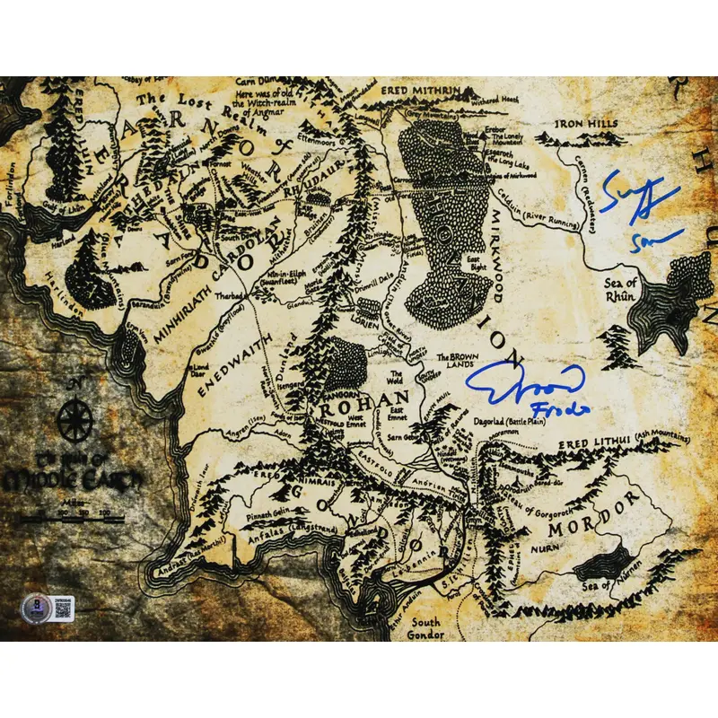 Elijah Wood & Sean Astin LOTR Signed 11x14 Middle Earth Map Photo BAS Witness 1