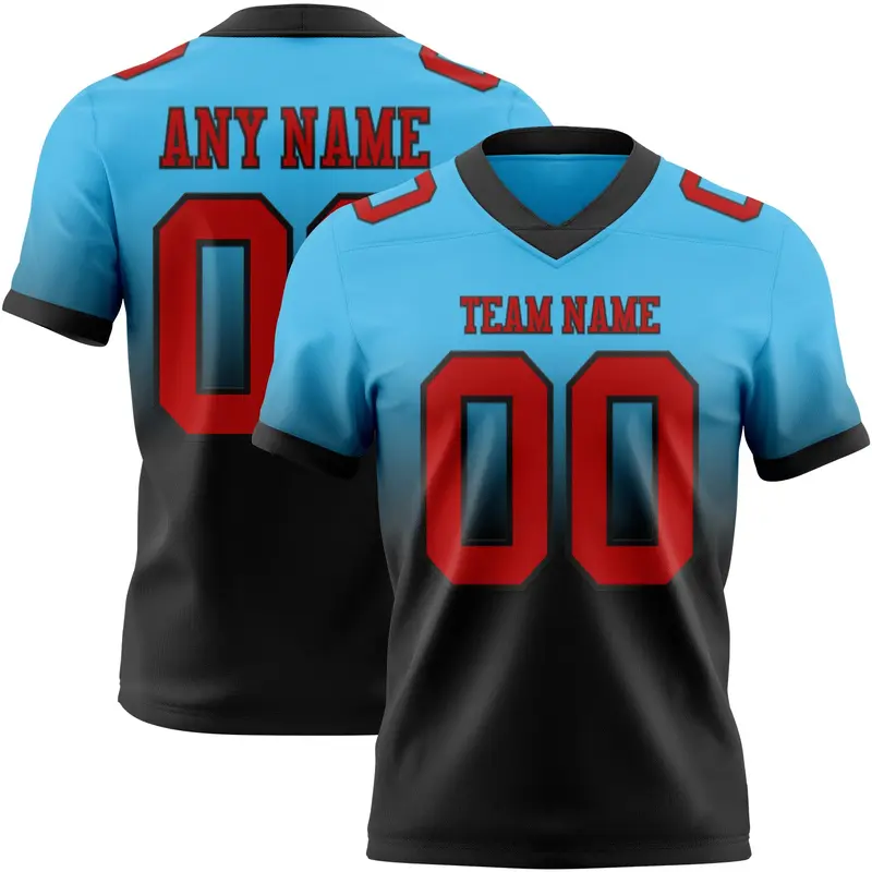 Custom Sky Blue Red-Black Mesh Authentic Fade Fashion Football Jersey