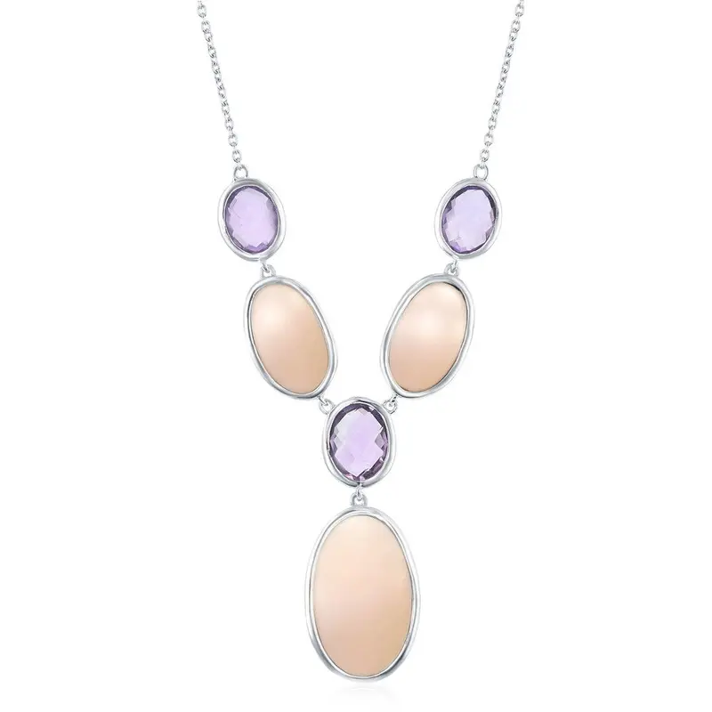 Sterling Silver Alternating Oval Amethyst & Pink MOP Y Necklace