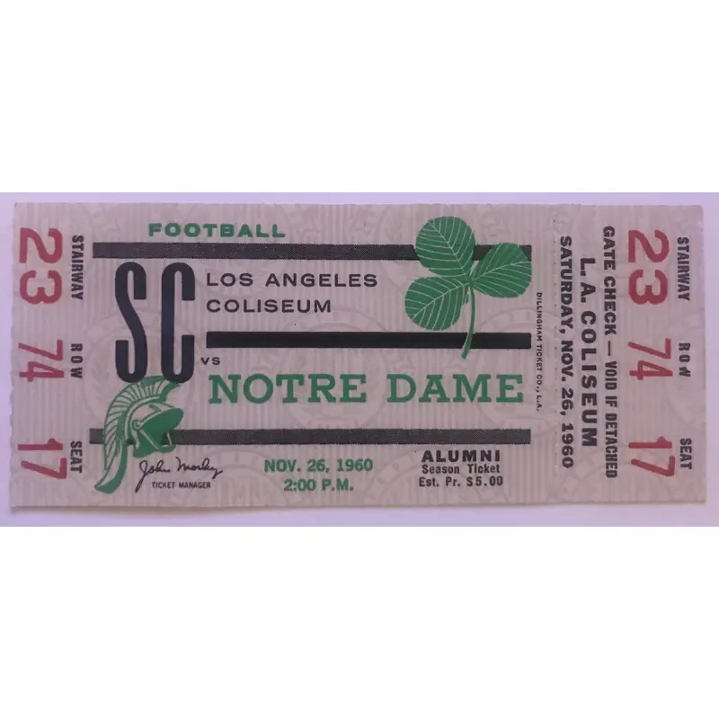 1960 Notre Dame vs USC Football Full Ticket
