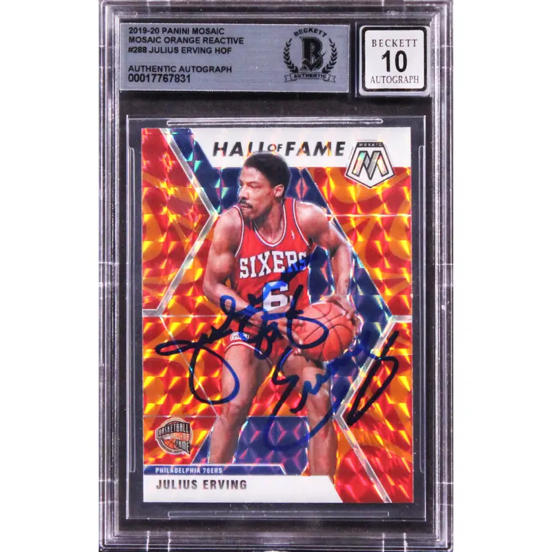 Julius Erving Signed 2019 Panini Mosaic Orange React #288 Card Auto 10! BAS Slab
