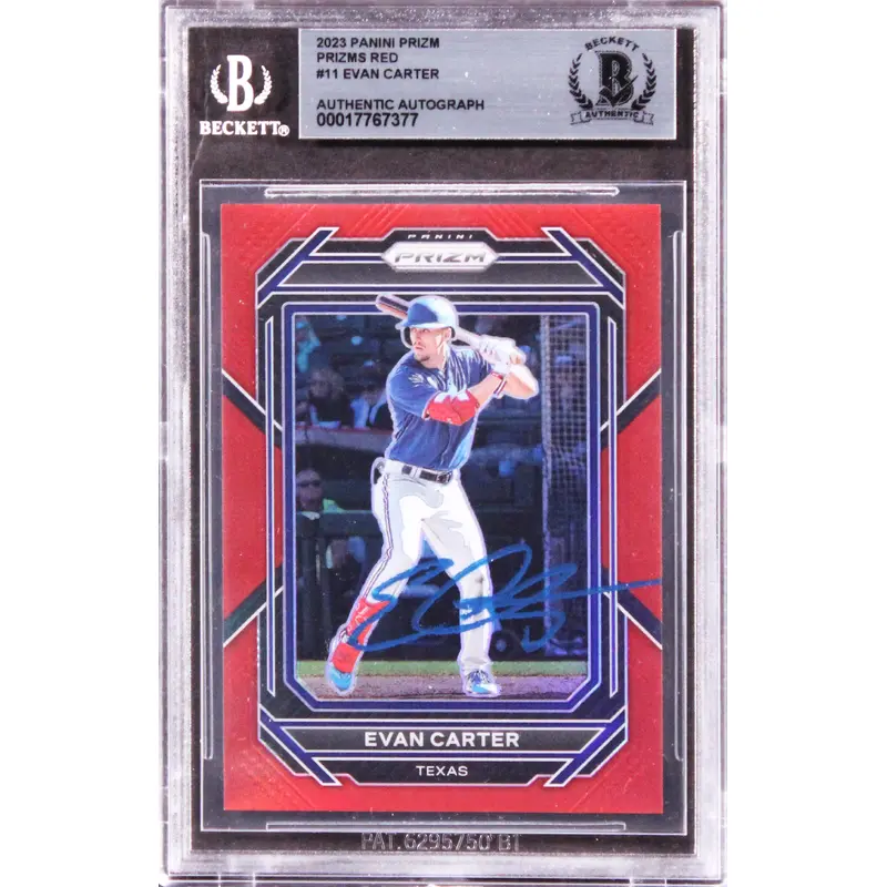 Rangers Evan Carter Signed 2023 Panini Prizm Prizms Red #11 Rookie Card BAS Slab